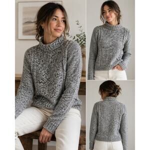 Burns Gray Marled Cable Knit Sweater Small Wool Alpaca Funnel Neck Cozy